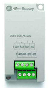 Rockwell 2080-SERIALISOL Micro800 Series Isolated Serial Port Plug-in Module front view with green terminal block connectors